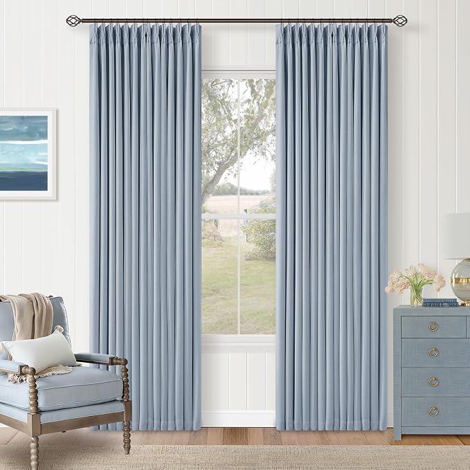 Light Blue Pinch Pleated Thick Linen Curtains 84 Inches Long for Living Room Bedroom Two Layer Blackout Sky Baby Blue Window Curtains Energy Efficient Modern Drapes with Hooks Rings 2 Panels Set