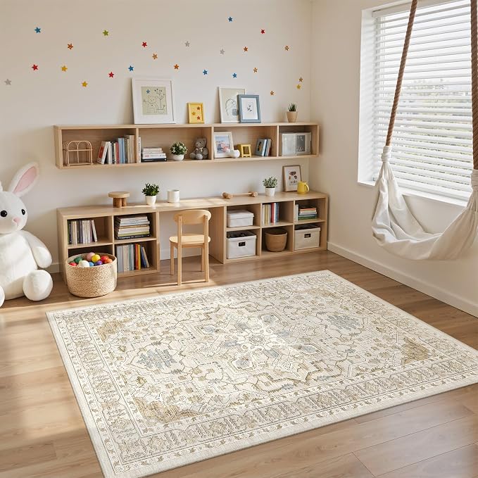 Area Rugs for Living Room - 4x6, Boho Non-Slip Low Pile Carpet Machine Washable Rugs for Bedroom Office, Dining Room (Beige)