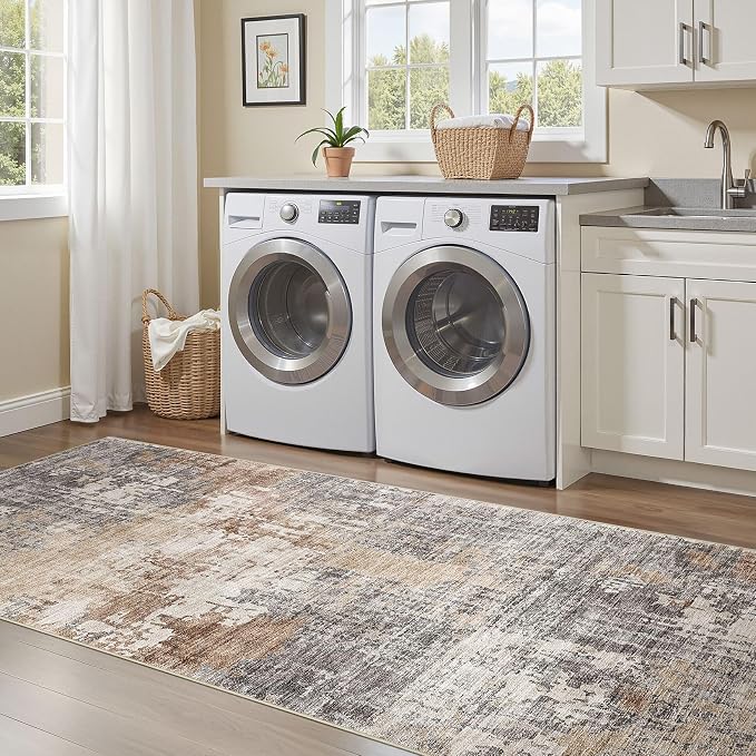 DMOYEST 3x10 Washable Runner Rug for Hallway: Soft Neutral Modern Abstract Low Pile Rug Indoor - Carpet for Bedroom Dining Room Kitchen Entryway - Grey Brown