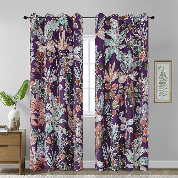Estelar Textiler Purple Blackout Floral Curtains 84 inches Long 2 Panels for Bedroom,Grommet Thermal Insulated Boho Vintage Curtains for Living Room Darkening Window Drapes,52Wx84L