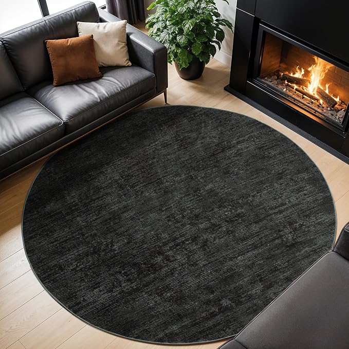 LIANLAM 8 FT Washable Rug, Black Solid Round Rugs for Living Room & Bedroom | Stain-resistant & Non-slip backing,Low Pile Washable Large Carpet, Solid Vintage Style For High Traffic Areas(8 FT,Black)