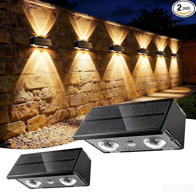 Solar Fence Lights Outdoor, 100LM Fence Lights Solar Powered, 9 Color Modes, Up and Down LED Focused Beam, 12H Dusk to Dawn Glow for Pool/Patio/Wall/Backyard - 2 Pack, Matte Black