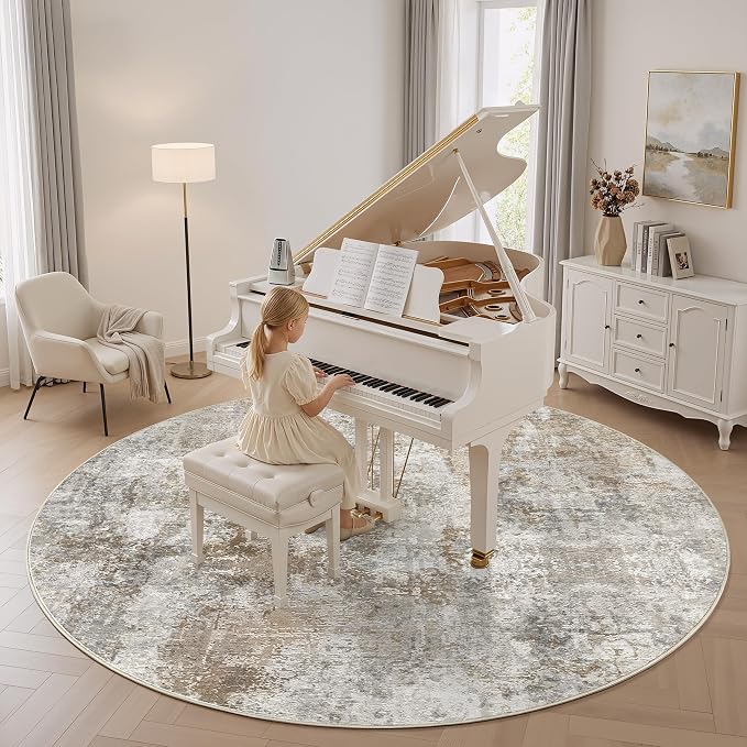 WITSHOCK Area Rugs 8ft Round Living Room Rug - Washable Neutral Soft Low Pile Non-Slip Modern Abstract Thin Large Indoor Carpet for Bedroom Dining Room Nursery Office - Light Brown Grey