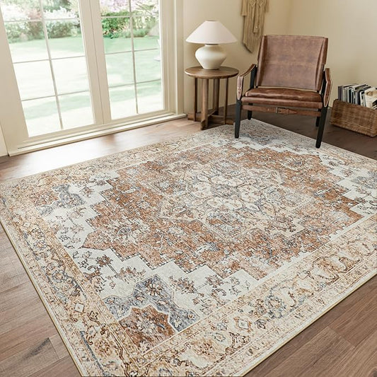 GENIMO 5x7 Area Rugs for Living Room, Machine Washable Non Slip Rugs, Low Pile Lightweight Vintage Print Rug for Bedroom, Dining Room, Home Office, Orange&Beige