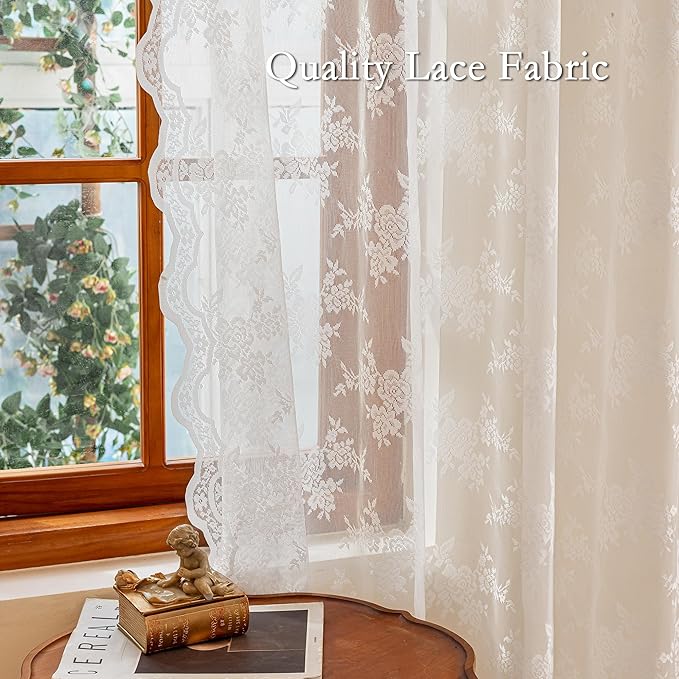MEETSKY White Lace Sheer Curtains 72 Inch Length Vintage Victorian French Country Floral Light Filtering Rod Pocket Window Treatments for Living Room Bedroom, 50" Wide Each Panel, 2 Panels