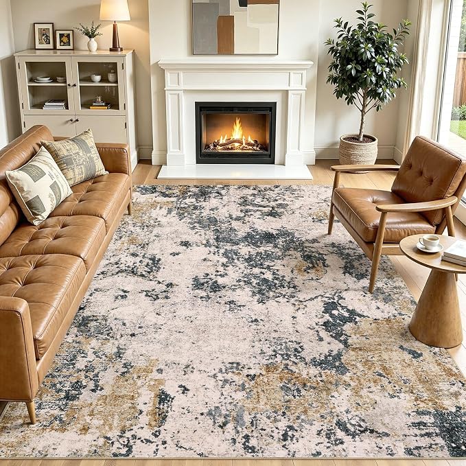 Area Rugs for Living Room: 7x9 Abstract Washable Rug Modern Neutral Large Soft Stain Resistant Non-Slip Backing Machine Table for Bedroom Dining Room Indoor Home Office Carpet - Grey Gold