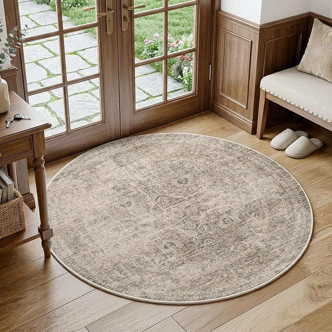 FMFUNCTEX 3ft Round Washable Area Rug Taupe Vintage Neutral Distressed Small Non Slip Carpet for Living Room Bedroom Soft Low Pile Indoor Mat Retro Thin Throw Rug for Entryway Bathroom Bedside
