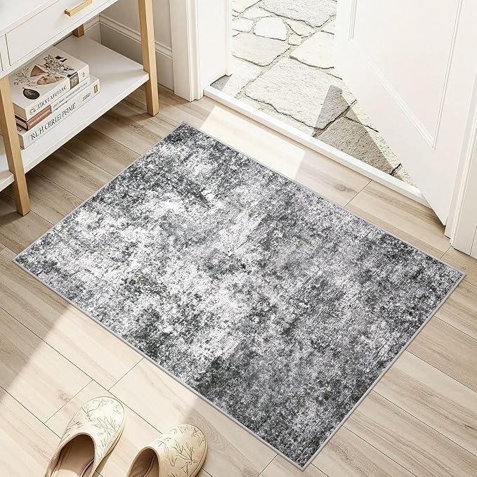DMOYEST 2x3 Entryway Area Rug: Washable Neutral Modern Abstract Small Rug - Non-Slip Low Pile Throw Indoor Carpet for Entrance Kitchen Front Door Mat Bathroom Entry Kids Room - Grey