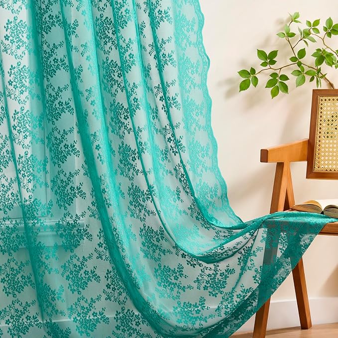YJ YANJUN Vintage Lace Curtains 84 Inches Long-Victorian Floral Teal Sheer Curtain Panels for Living Room Bedroom Boho Farmhouse Shabby Chic Drapes Light Filtering 2 Panels 52W x 84L Dark Cyan