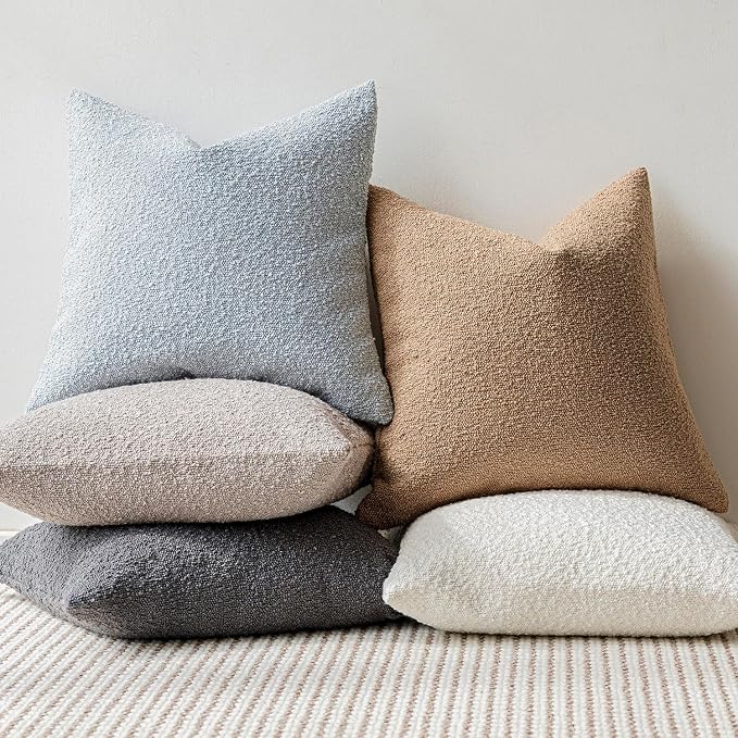 Foindtower Pack of 2 Textured Boucle Throw Pillow Covers Accent Solid Pillow Cases Cozy Soft Decorative Couch Cushion Case for Chair Sofa Bedroom Living Room Home Decor, 18 x 18 Inch,Camel