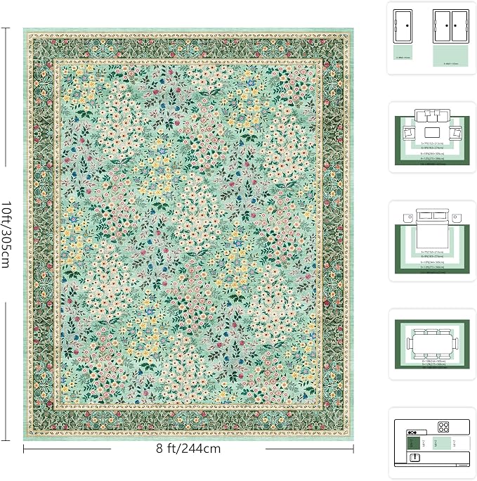 8x10 Area Rugs, Machine Washable Low Pile Floral Rugs for Living Room, Bedroom, Large Boho Area Rug with Non-Slip Backing for Dining Room(Green Floral)