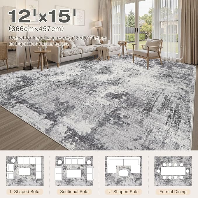Abstract 12x14 Area Rug: Machine Washable Non Slip Ultra Thin Low-Pile Carpet, Soft Stain Resistant for Living Room Bedroom Office, Kid Pet Friendly, Robot Vacuum Compatible - Grey