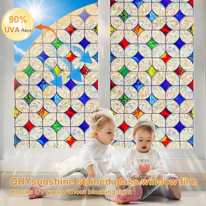 QHY Sunshine Colorful Rainbow Stained Glass Window Film Non-Adhesive Window Privacy Film Reusable Decorative for Room (Rainbow Mosaic, 35.4 X 157.4 in)