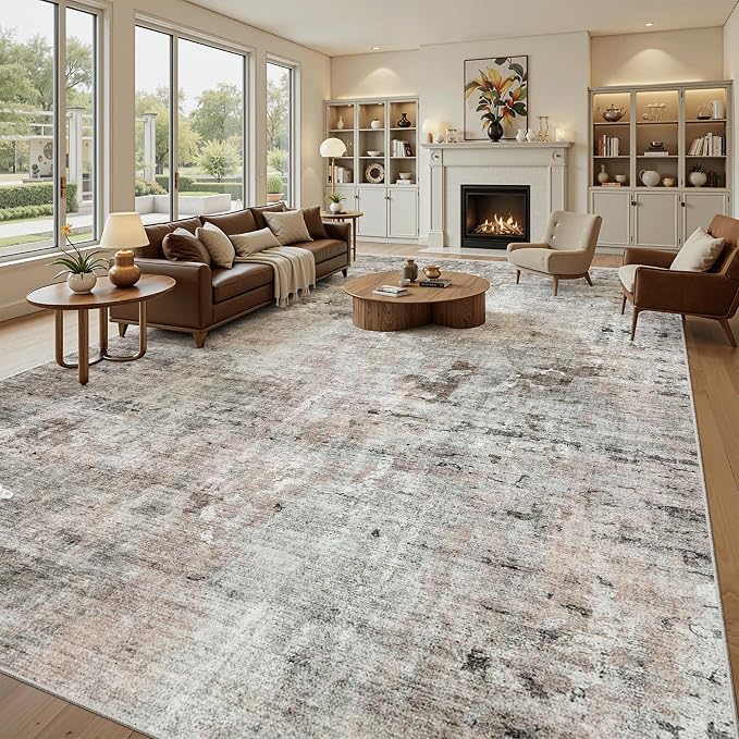 Soalmost 10x14 Area Rugs for Living Room, Non Slip Machine Washable Vintage Rugs, Low Pile Lightweight Large Rug for Bedroom, Dining Room, Home Office Pink/Grey