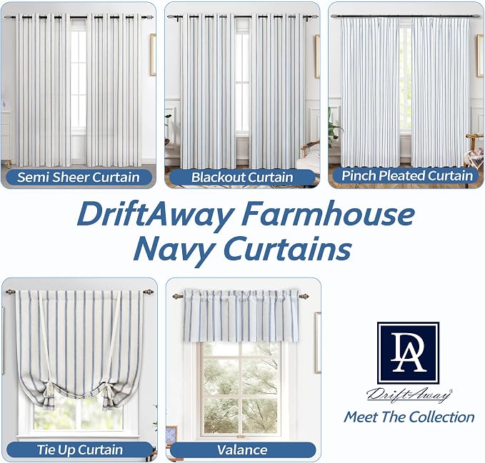 DriftAway Farmhouse Linen Lined Valance Double Layer Thermal Insulated Room Darkening Blackout Window Valances 3 Inch Rod Pocket Vertical Striped Kitchen Valance for Bathroom Single 52 x 18 Inch Navy