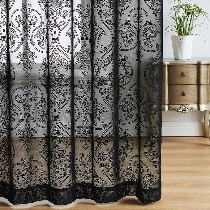 Black Lace Sheer Curtains 95 Inch Long Vintage Floral Curtains for Living Room Bedroom Rod Pocket Light Filtering Victorian Window Treatments Victorian Crochet Decorative Curtains 2 Panels