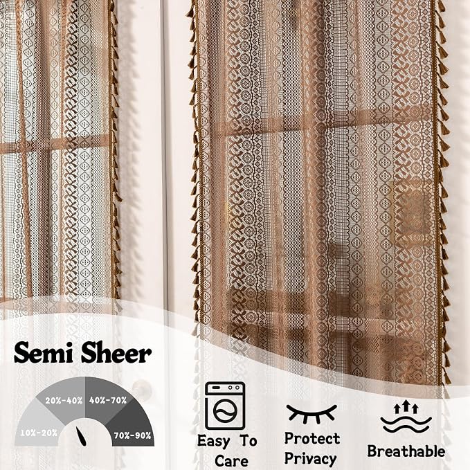 Sutuo Home Caramel Door Window Curtains for Drapery Glass & Sidelights, Boho French Country Style Tassels Vintage Drapes for Front Door Patio Decor, Rod Pocket 2 Panels 25" W x 40" L Dark Coffee