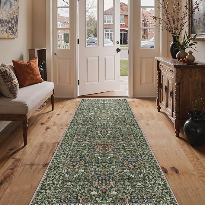 GENIMO 2.5x7 Washable Runner Rug, Non Slip Entryway Mat, Emerald Green | Vintage Boho Floral Low Pile Thin Mat for Entryway, Kitchen, Bedroom, Indoor Decor