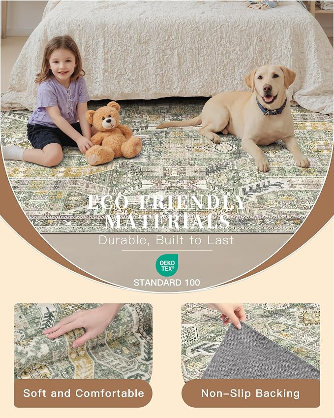 Madane Washable Runner Rugs 2x12 Long for Hallway Kitchen Soft, Green/Gold | Non-Slip Vintage Printed 12ft Rug Runners with Rubber Backing, Low-Pile Floor Carpet Laundry Room Entryway, Corridor