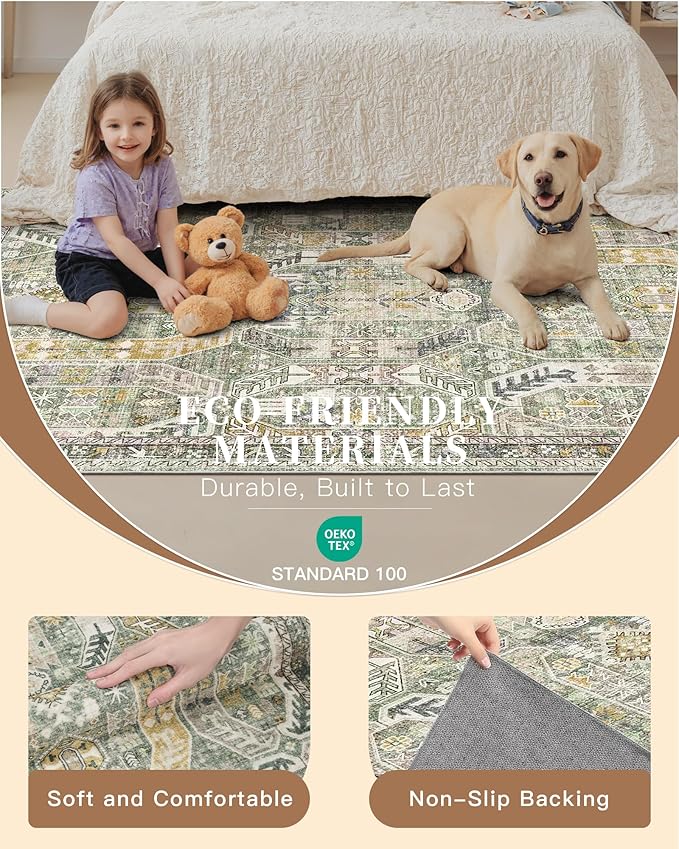 Madane Washable Runner Rugs 2x10 Long for Hallway Kitchen, Green/Gold | Non-Slip Low-Pile 10ft Rug Runners Soft, Stain-Resistant Floor Carpet Mat for Entrance, Living Dining Laundry Room