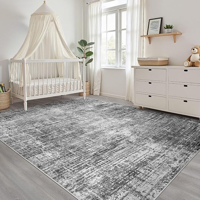 7x9 Area Rug Living Room: Washable Large Neutral Black Rug Abstract Soft Modern Stain Resistant Indoor Floor Non-Slip Carpet for Bedroom Nursery Kids Office Playroom Dining Room Under Table Home