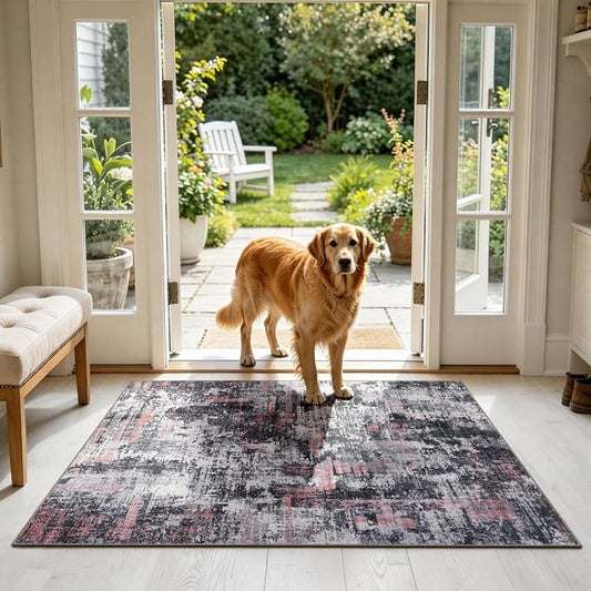 Sasttie 3x5 Area Rug for Entryway, Washable Modern Abstract Small Carpet for Living Room Bedroom Door-mat, Soft Entry Rug with Non-Slip Backing, Black and Pink