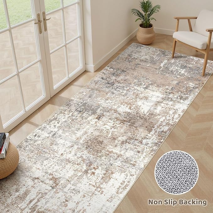 Runner Rug Kitchen Washable Rugs: 3x10 Non-Slip Abstract Soft Modern Stain Resistant Indoor Floor Neutral Accent Throw Carpet for Hallway Bathroom Laundry Room Entryway Bedroom- Brown