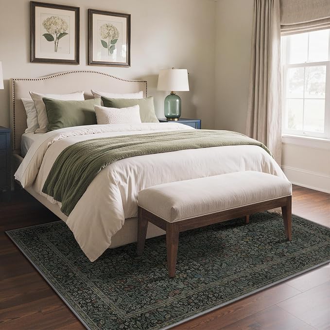 GENIMO 5x7 Washable Area Rugs for Living Room, Non Slip, Charcoal Green | Vintage Boho Floral Low Pile Thin Carpet for Bedroom, Dining Room, Nursery, Indoor Decor