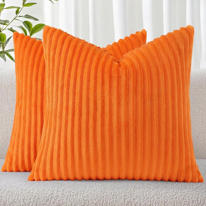 Simmore Decorative Fall Throw Pillow Covers 18x18 Set of 2, Soft Natural Plush Flannel Double-Sided Fluffy Couch Pillow Covers for Sofa Living Room, Orange