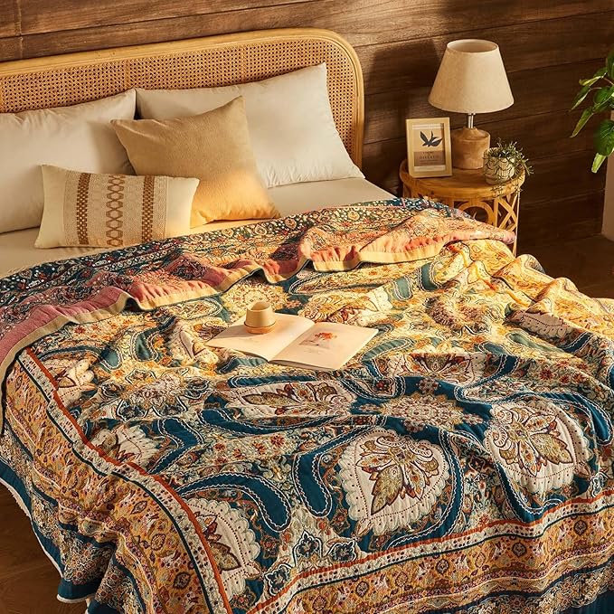 Boho Throw Blanket 100% Cotton Muslin Woven Blanket Bohemian Bed Throws Vintage Rustic Farmhouse Decor Reversible Bed Blanket Quilt for All Seasons（Blue 90"x98"）