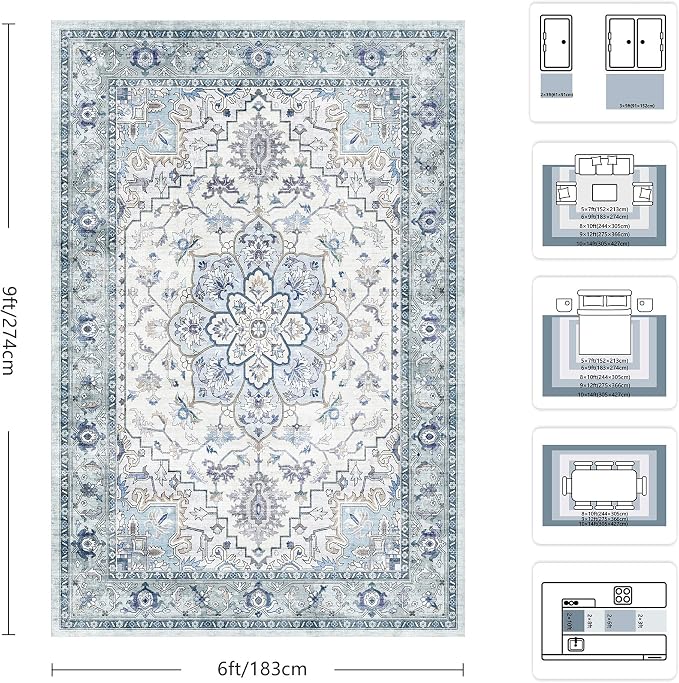 6x9 Area Rugs - Washable Rug Vintage Distress Boho Medallion Rugs for Living Room, Soft Non-Slip Backing Low Pile Carpet for Bedroom Dining Room Office Nursery Dorm Home, Blue Grey Purple