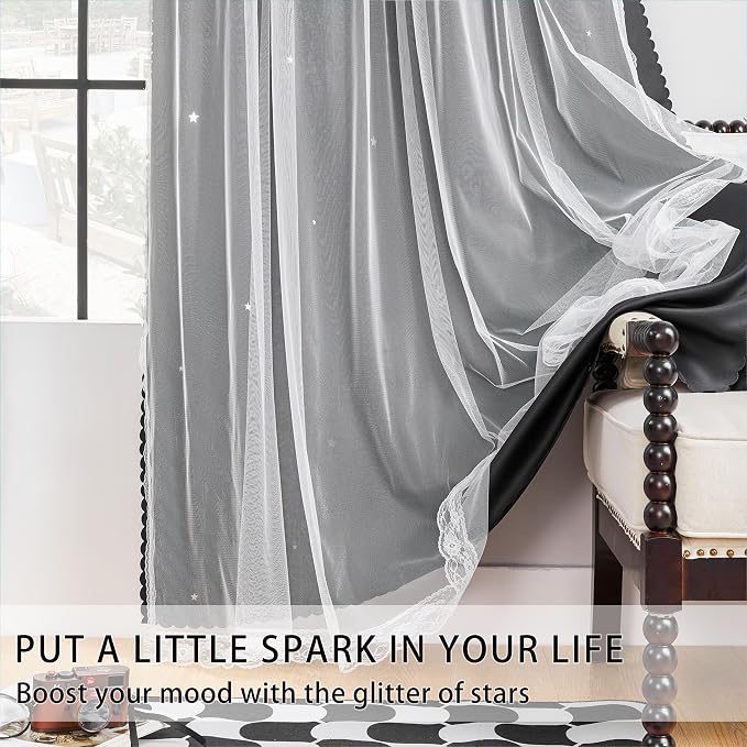 XiDi Black Curtains for Bedroom 84 Inches Long 2 Panels Set Blackout Double Layer Drapes for Nursery Kids Bedroom Star Cut Out Wall Home Decor Grommet Curtains for Living Room Darkening 34 Inch Wide
