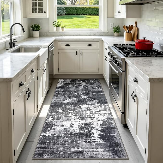 Sasttie 2x6 Soft Runner Rug for Entryway, Modern Abstract Washable Carpet for Hallway, Kitchen and Laundry Room, with Non-Slip Backing, Black and White