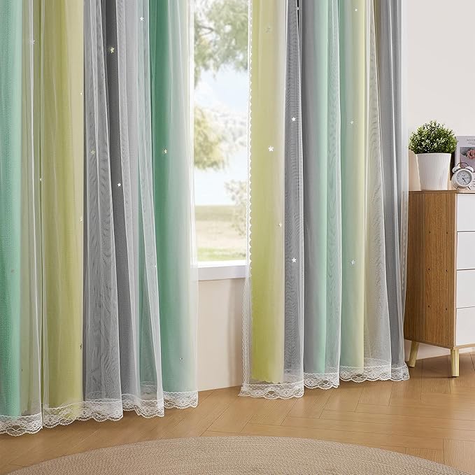 XiDi Yellow & Rainbow Curtains for Kids & Girls Room - Blackout, Grey & Green 52x72 Inch Long with Unicorn Wall Decals