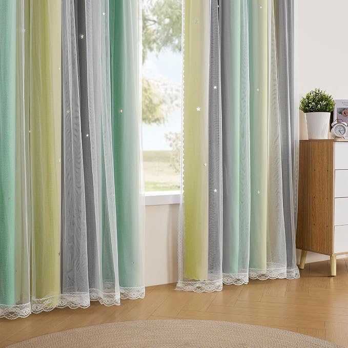 XiDi Curtains for Bedroom Decor, Rainbow GreenYellowGrey34/45/1