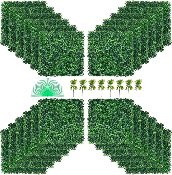 VEVOR Artificial Boxwood Panel, Green, 20x20 in, 24pcs | 1.6 in Sun Protected Boxwood Hedge Wall Panels, for Privacy Fence Decor Indoor Outdoor Garden Backyard