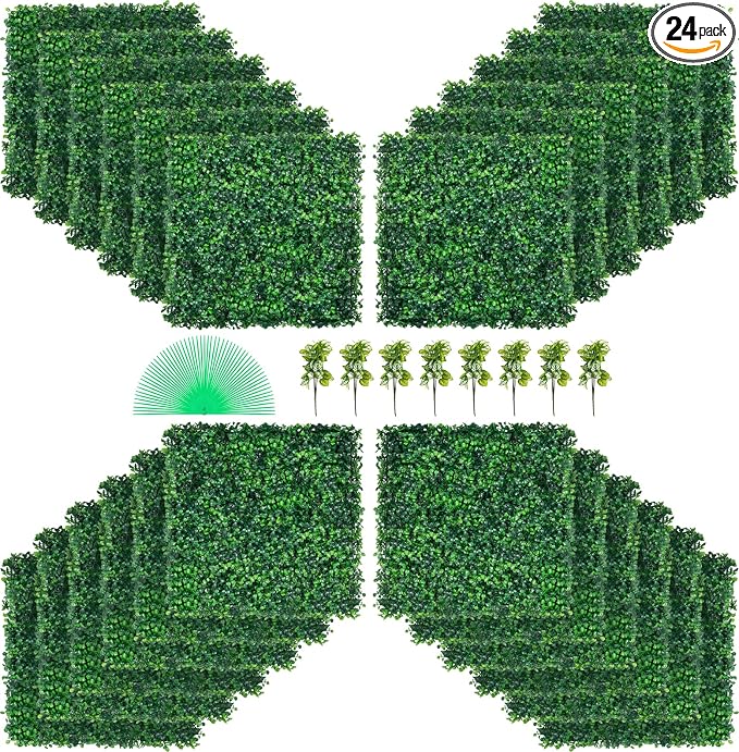 VEVOR Artificial Boxwood Panel, Green, 20x20 in, 24pcs | 1.6 in Sun Protected Boxwood Hedge Wall Panels, for Privacy Fence Decor Indoor Outdoor Garden Backyard