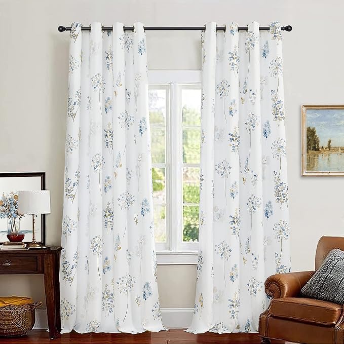 XTMYI French Country Blue and Brown Curtains, Vintage Watercolor Wildflower Print, Rustic Farmhouse Floral Drapes for Living Room Bedroom Dining Room