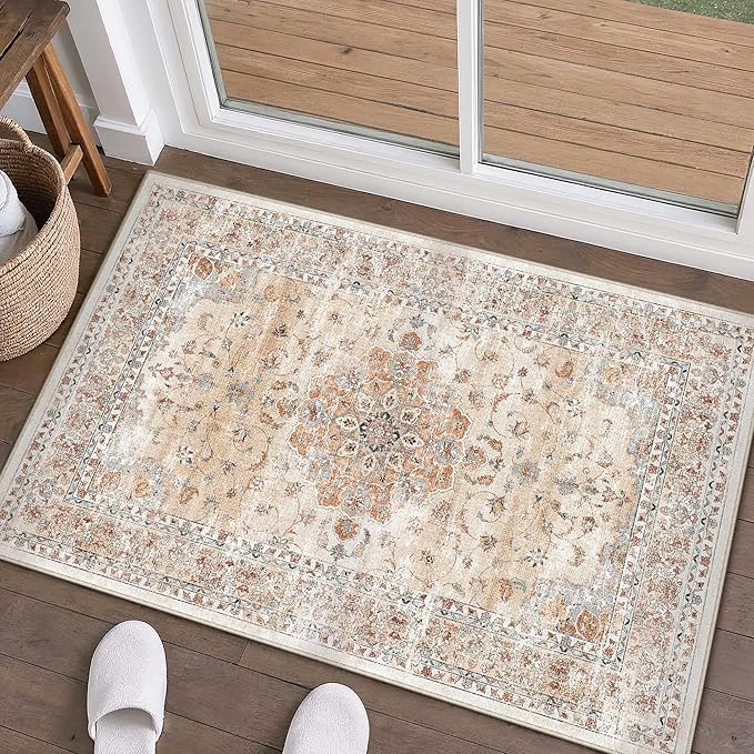 HUGEAR Entryway Area Rugs 2x3 Machine Washable Vintage Orange Small Throw Carpet Non Slip Stain Resistant Low Pile for Hallway Kitchen Retro Aesthetic Modern Decor