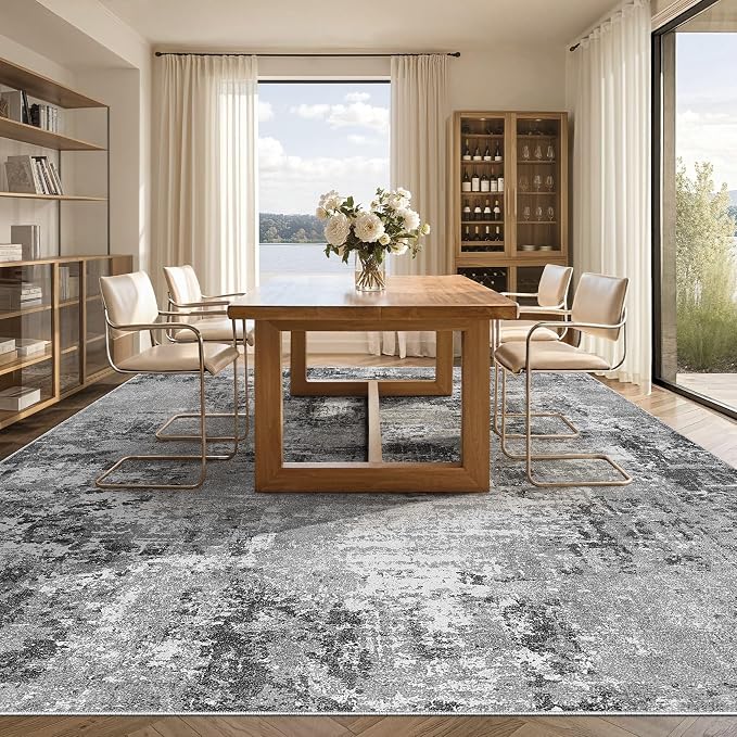 Tortania Washable 8x10 Area Rug for Living Room: Modern Abstract Neutral Large Soft Thin Rugs - Non Slip Indoor Carpet for Bedroom Dining Room Office Nursery Home Floor Decoration - Grey