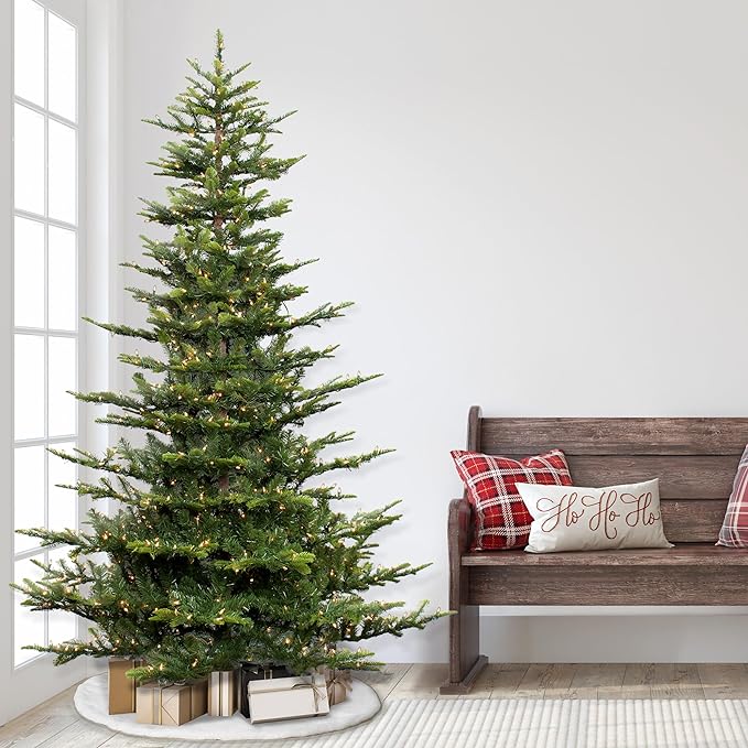 Puleo International 7.5ft Pre-Lit Aspen Fir Artificial Christmas Tree with 700 Clear Lights, 1319 Realistic Dense Branch Tips, Easy Setup Artificial Trees with Sturdy Metal Stand
