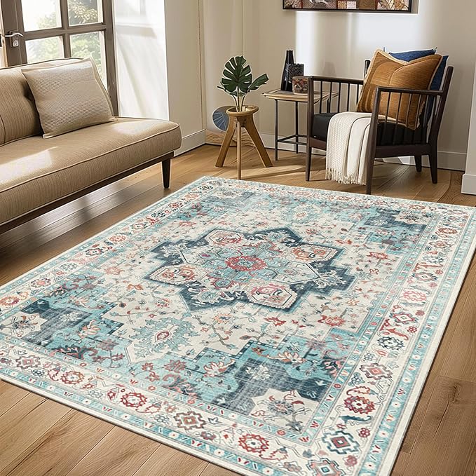 GENIMO 8x10 Area Rugs for Living Room, Machine Washable Non Slip Rugs, Low Pile Lightweight Vintage Print Rug for Bedroom, Dining Room, Home Office, Turquoise & White