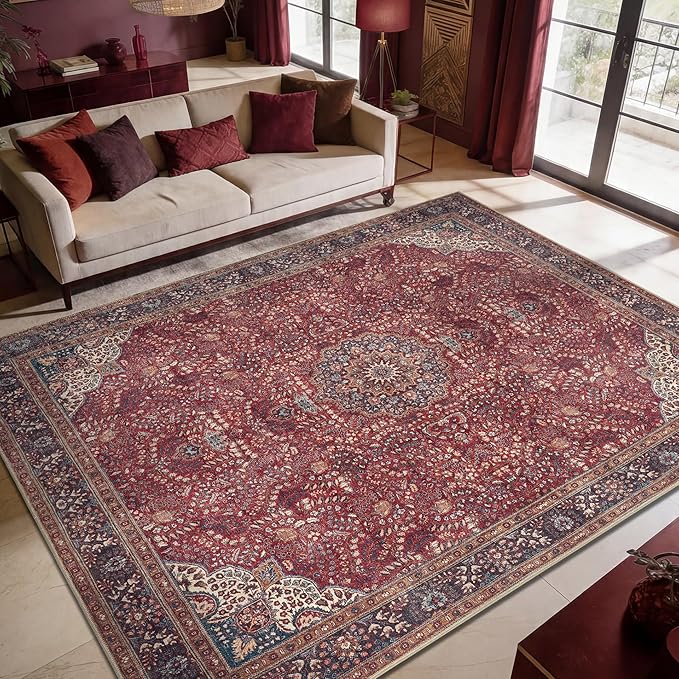 Keen Home Design 6x9 Rug - Machine Washable Area Rug with Non-Slip Backing, Ideal for Living Room, Dining Room, Bedroom - Vintage, Easy Clean, Durable, Low Pile Rug - (6' x 9')