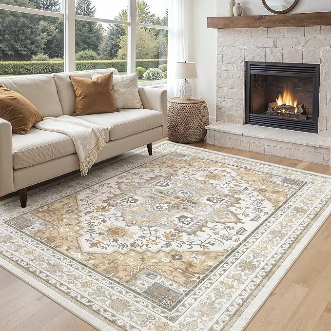 UERMEI 6x9 Area Rug for Living Room - Washable Vintage Carpet, Non-Slip Soft Large Indoor Floor Rugs for Bedroom Home Office & Under Dining Table Decor, Brown Beige
