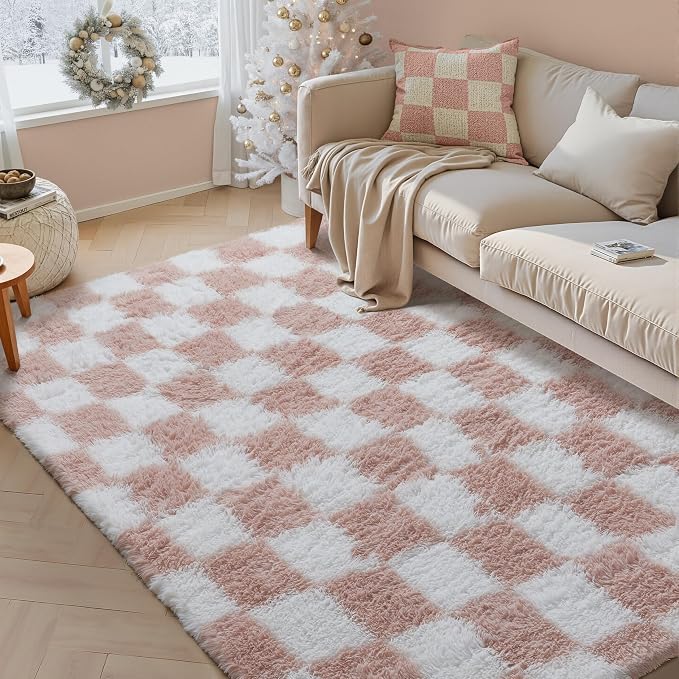 PureCozy Checkered Rug 5x8 for Living Room, Pink and White Modern Shag Rugs Super Soft Washable Indoor Office Fuzzy Carpet Non-Slip Fluffy Rugs for Bedroom Home Aesthetic Decor