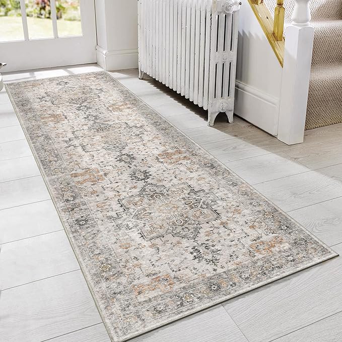 GENIMO Runner Rug 3x7, Non Slip Vintage Hallway Runner Rugs, Low Pile Lightweight Machine Washable Mat for Hallway, Entryway, Bedroom, Kitchen and Corridor, Light Taupe Brown