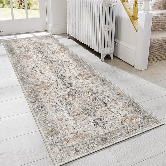 GENIMO Runner Rug 3x8, Non Slip Vintage Hallway Runner Rugs, Low Pile Lightweight Machine Washable Mat for Hallway, Entryway, Bedroom, Kitchen and Corridor, Light Taupe Brown