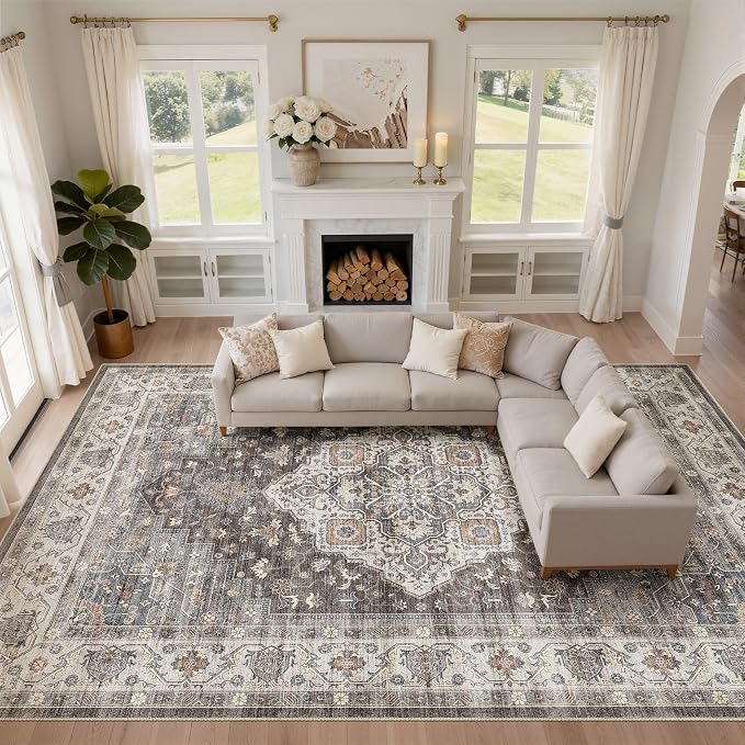 10x14 Area Rugs Living Room: Washable Boho Large Neutral Vintage Soft Rug Stain Resistant Farmhouse Non-Slip Indoor Floor Carpet for Bedroom Nursery Kids Office Dining Room Playroom- Grey Brown