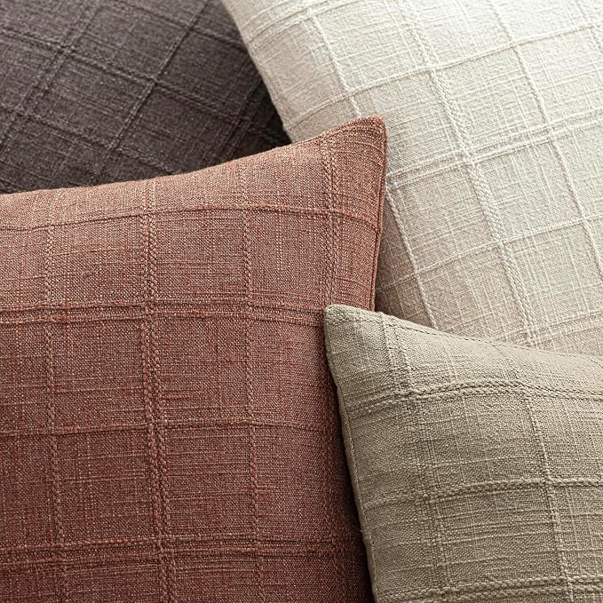 Foindtower Set of 2 Decorative Linen Check Throw Pillow Covers Neutral Farmhouse Vintage Cushion Covers Modern Boho Home Decor for Sofa Chair Couch Bedroom Living Room,18×18 Inch,Autumnal Red
