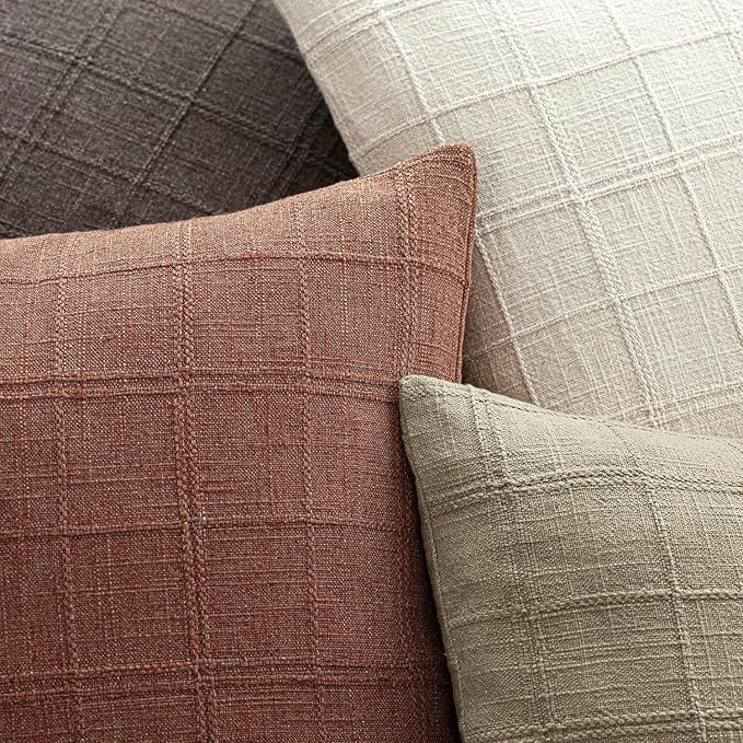 Foindtower Set of 2 Decorative Linen Check Throw Pillow Covers Neutral Farmhouse Lumbar Cushion Covers Modern Boho Home Decor for Sofa Chair Couch Bedroom Living Room,12×24 Inch,Autumnal Red